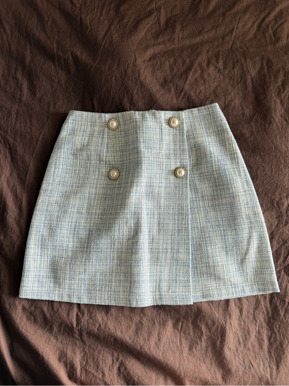 Tweed plaid Pearl-Button Mini Skirt in Light Blue